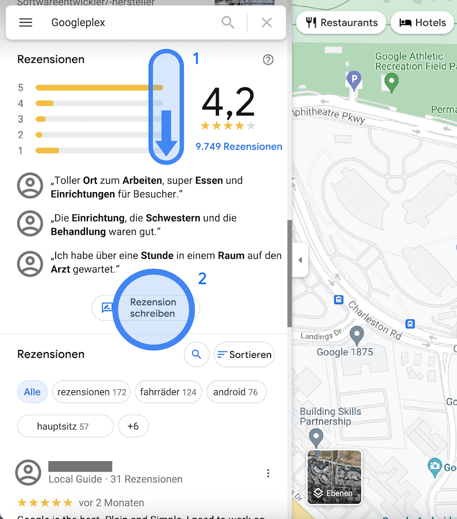 Google-Hilfe: Die Schaltfläche Rezension schreiben im Unternehmenseintrag am Computer.