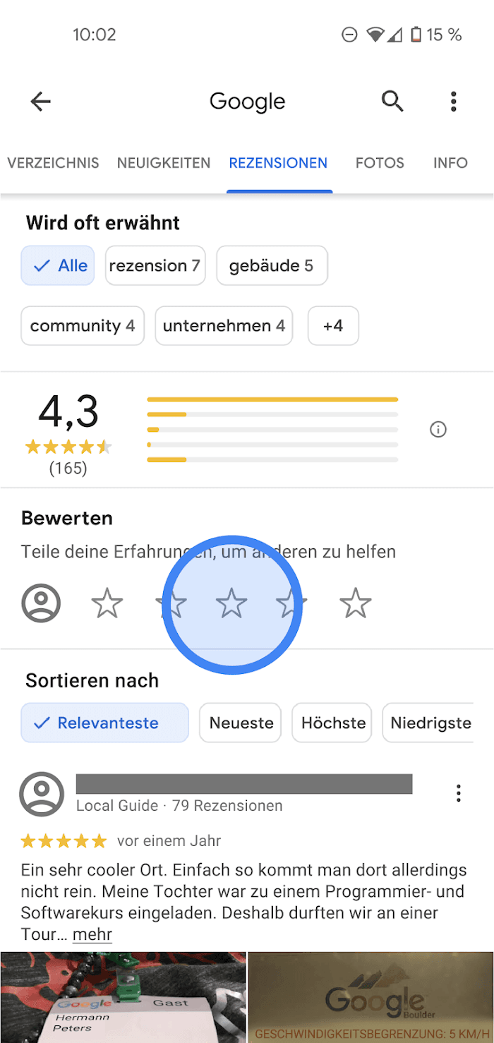 Google-Hilfe: Im Tab Rezensionen befindet sich unter Bewerten eine Reihe leerer Sterne.
