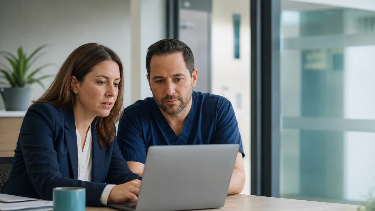 A healthcare practice manager and clinician review a public response together before publication