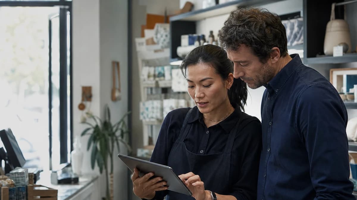 Two retail operators review a response together on a tablet before publishing it